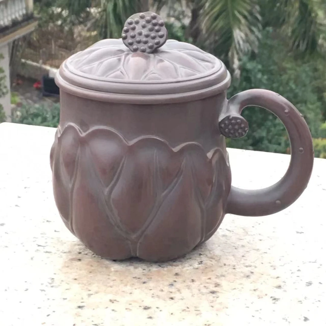 坭兴陶荷花顶水杯带盖泡茶杯水杯家用杯容量420cc