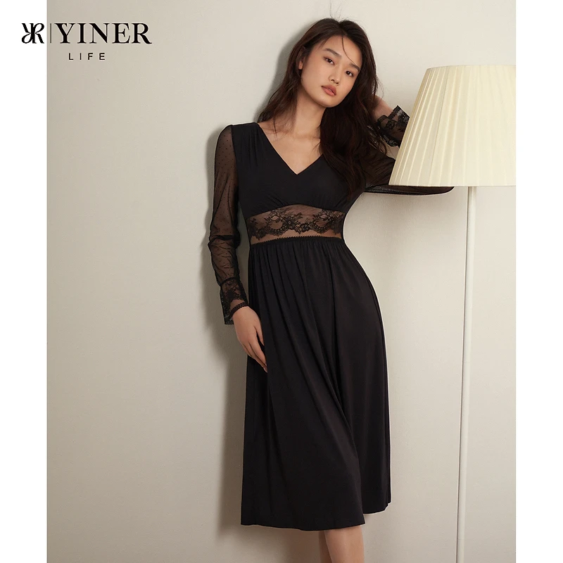 【复古轻奢小黑裙】薄款黑色家居服睡裙连衣裙8J53205060