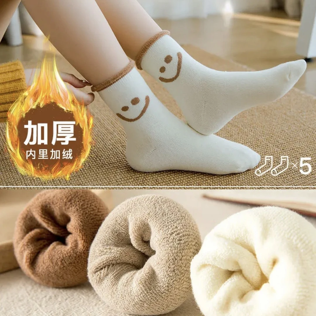 冬季女士加厚毛圈袜笑脸冬天中筒袜秋冬保暖加厚毛巾学院风毛圈袜