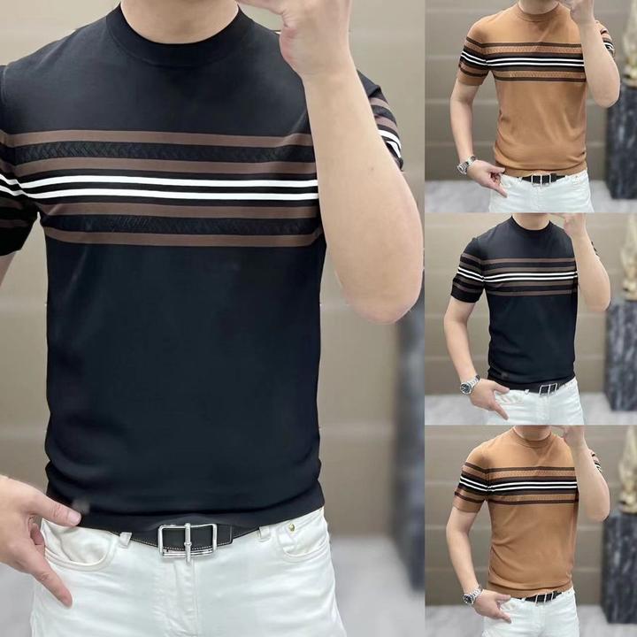 春夏新款高端轻奢男士t恤休闲时尚百搭高品质圆领条纹针织短袖潮