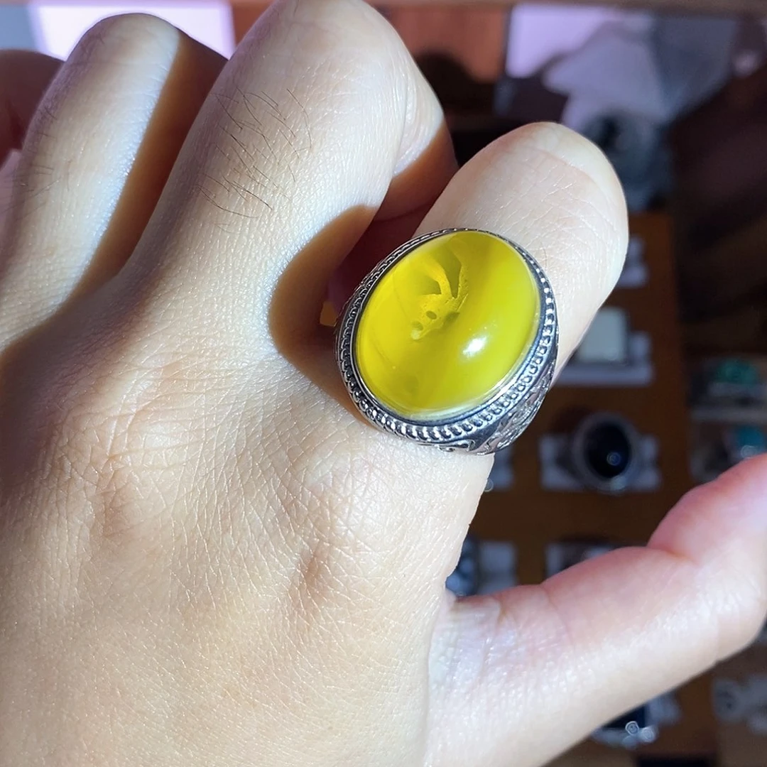 琥珀戒指银S925镶嵌琥珀