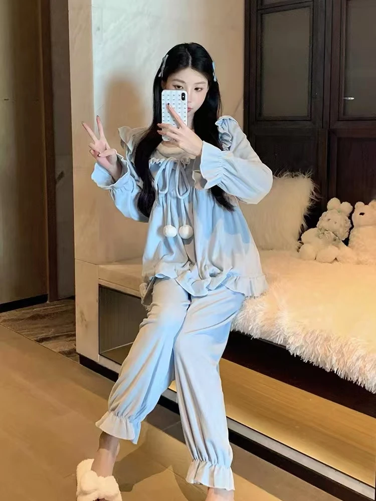 3.秋冬绒款保暖仙女韩版宽松甜美睡衣套装睡裙