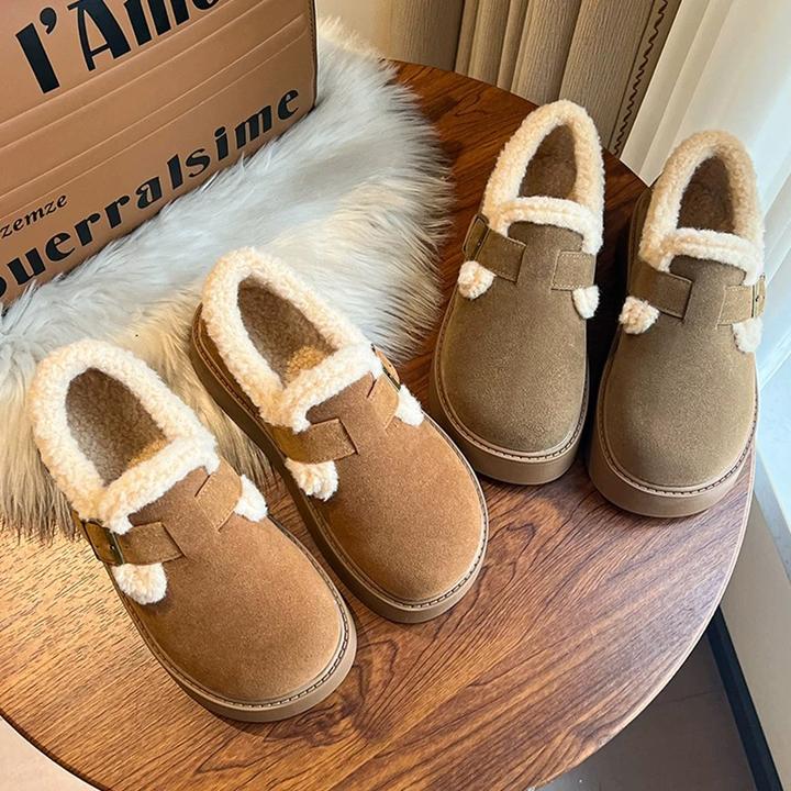 牛皮勃肯鞋女冬季加绒保暖厚底乐福鞋一脚蹬毛毛鞋棉鞋板鞋C901