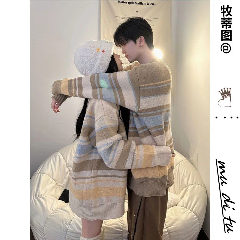 港风复古潮牌条纹毛衣男秋冬宽松休闲慵懒风美式圆领针织衫情侣装