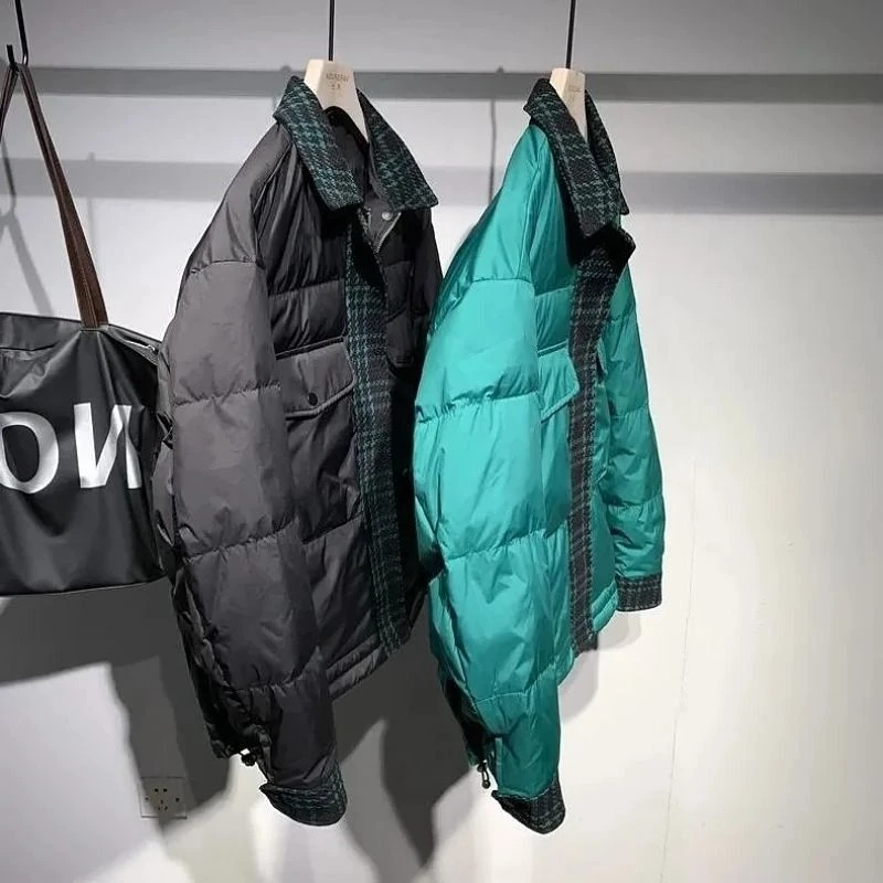 2023新款潮流设计款格子拼色大口袋棉服男冬季宽松时尚棉衣外套潮