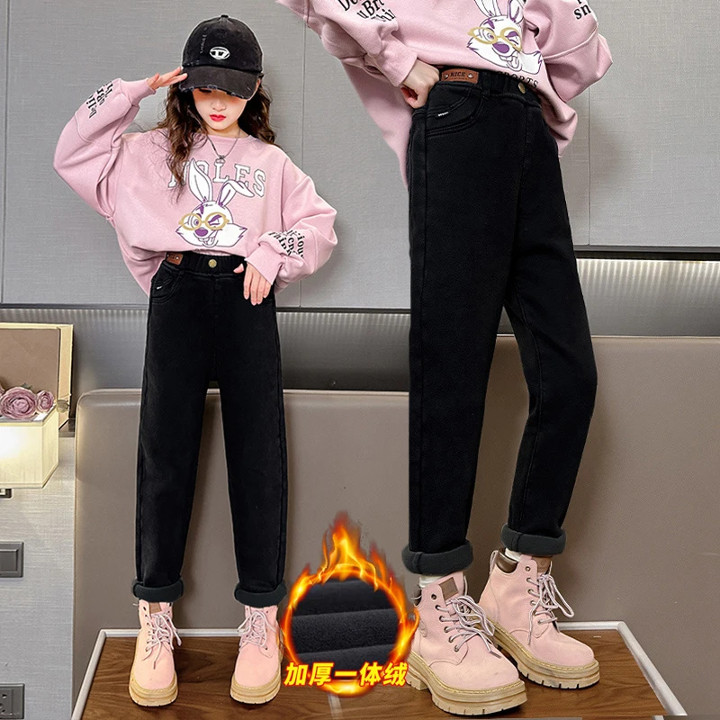 女童裤子2023新款冬季儿童小脚裤洋气百搭炸街时髦大童牛仔老爹裤