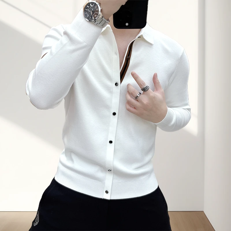 商务翻领弹力假开衫柔软纯色男士针织衫轻奢保暖纯色针织衫POLO衫