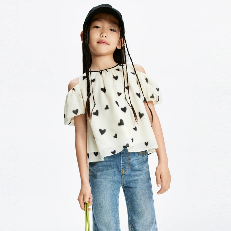 MOCo.童装24夏装新款女童露肩泡泡袖短袖上衣#KBD2TOP009