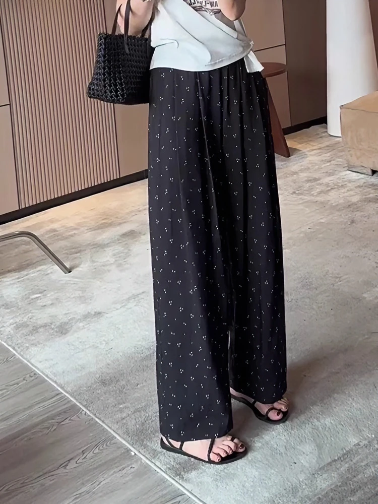 黑色碎花休闲裤女2024夏季薄款胖mm高腰宽松显瘦直筒垂感阔腿长裤