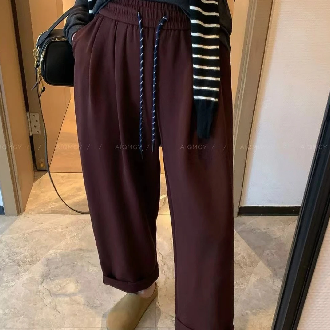 早秋新款加绒加厚卷边抽绳松紧九分裤休闲阔腿裤直筒裤百搭小个子