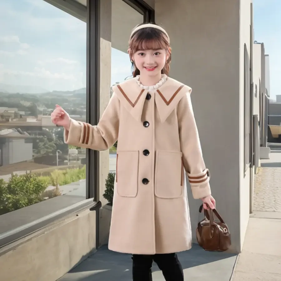 女童韩版洋气中长款加厚呢子大衣外套呢大衣中大童过年毛呢外套