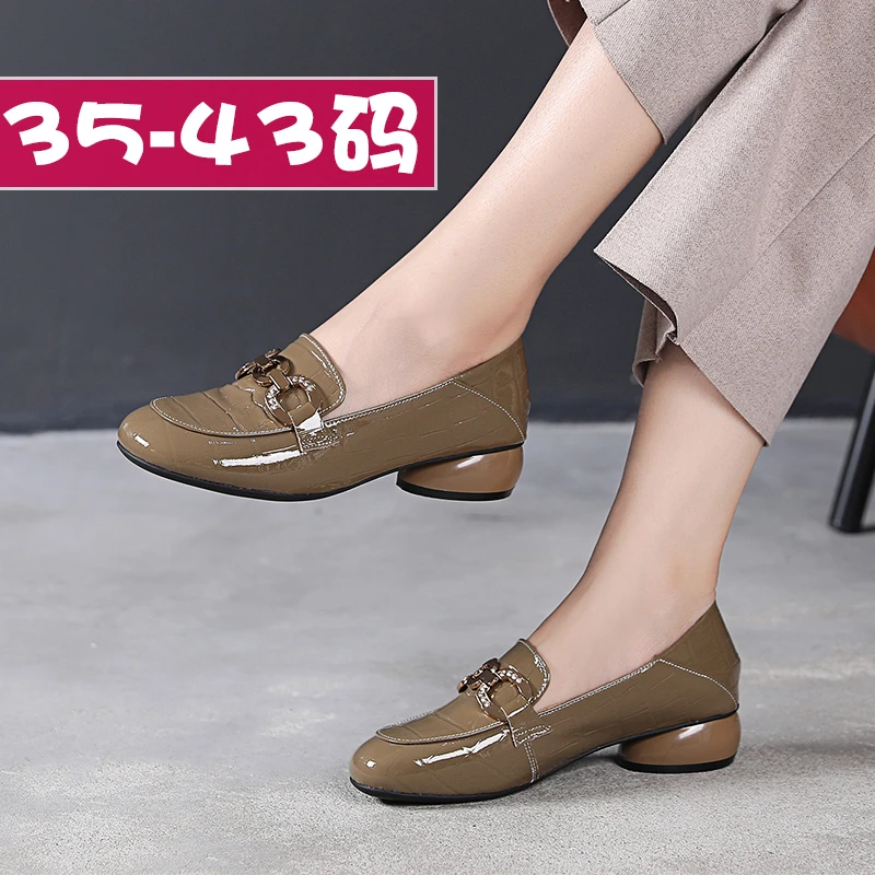 大码圆头粗跟一脚蹬乐福鞋春秋中跟英伦风皮鞋女鞋35-43码-L-3089