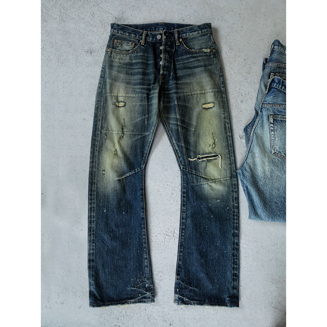 WIROTE威络新款prps紫制品02元年复古水洗黄泥做旧微喇赤耳牛仔裤