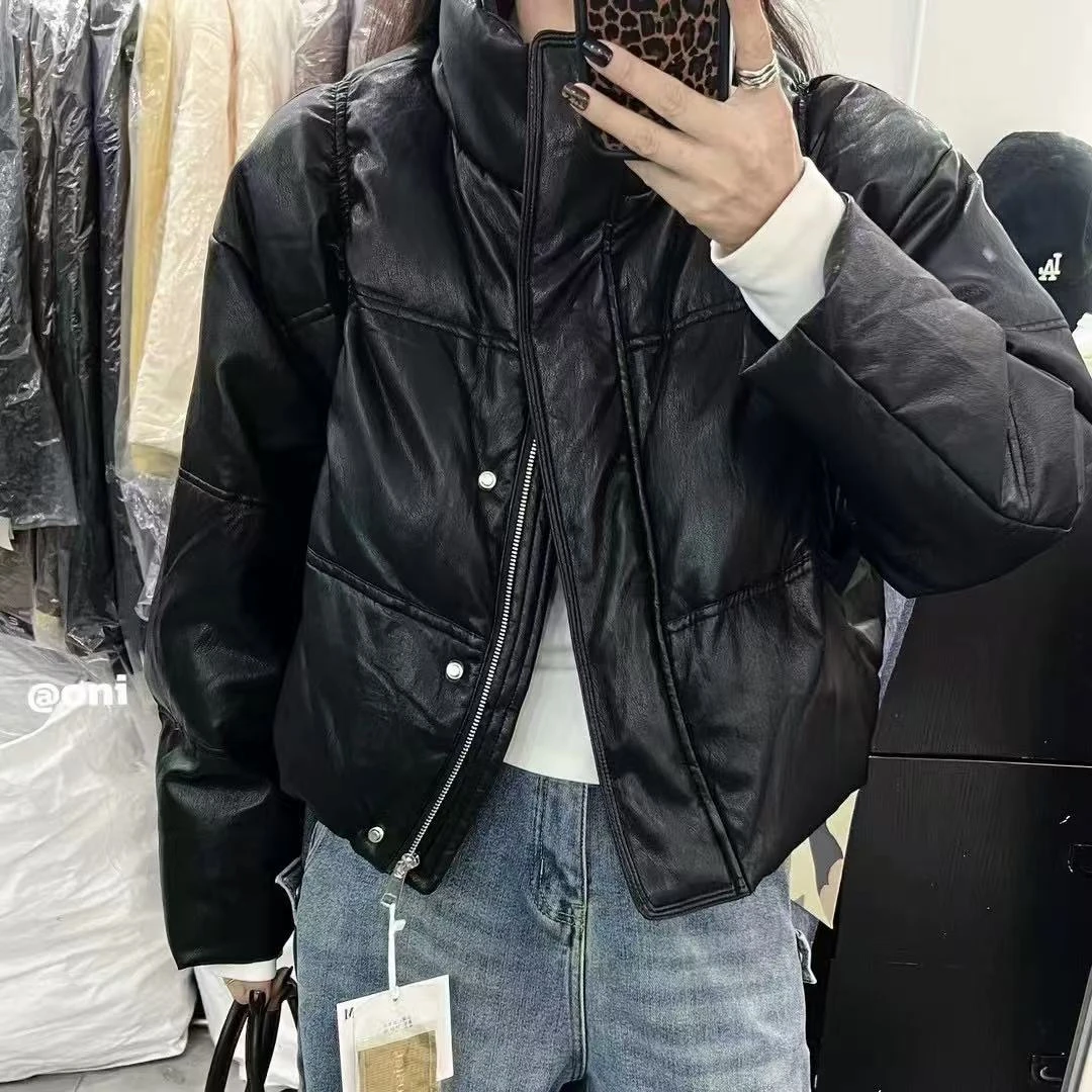 欧货立领皮衣羽绒服女2024冬宽松短款加厚机车保暖外套IWB88F-70