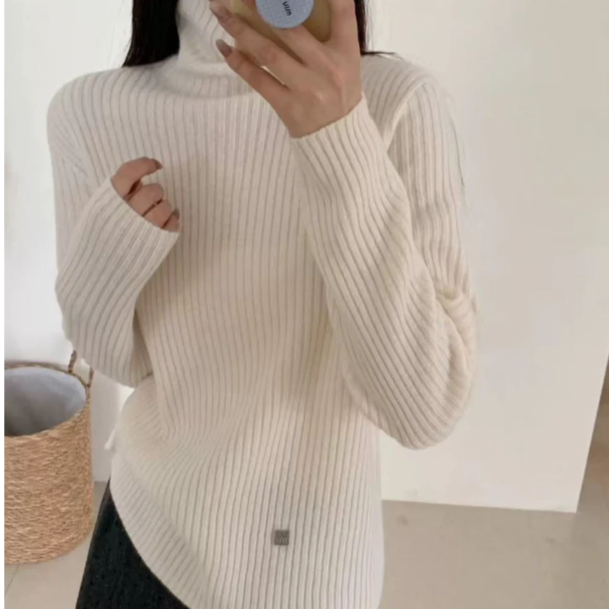 欧洲站全羊毛高领贴标纯色简约套头针织衫女秋冬韩范时毛衣6936