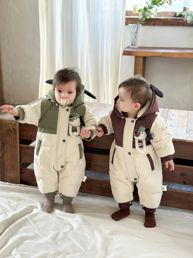 婴儿保暖连帽加绒婴幼儿冬季立体小狗玩偶拼色白鸭绒羽绒服2438