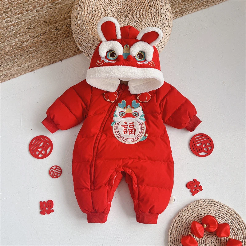 福虎醒狮加绒拜年服白鸭绒2398