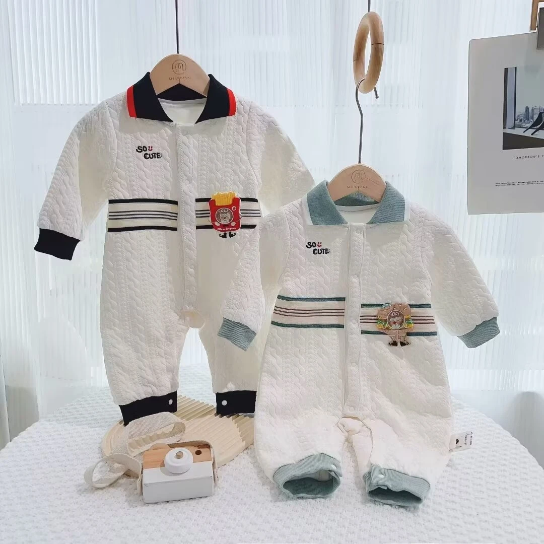 新生儿婴儿春秋宝宝定制面料麦当薯条汉堡条纹连体哈衣2312