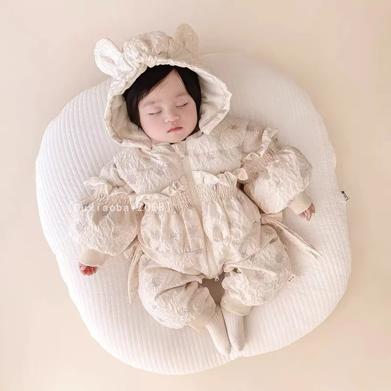 冬季婴儿宝宝保暖婴幼儿时尚紫花定制皱皱布公主白鸭绒羽绒服4034