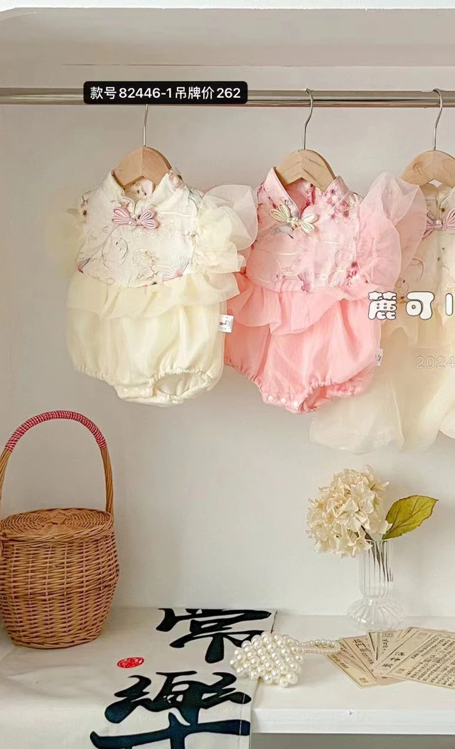 团扇国风纱纱包屁2446婴儿包屁衣蕾丝碎花洋气夏款泡泡袖