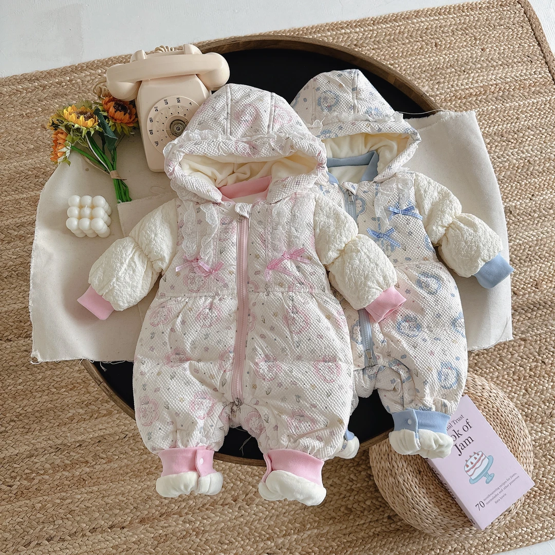 蝴蝶结兔子羽绒连体衣婴儿宝宝新生儿连帽婴幼儿加厚印花冬季6575