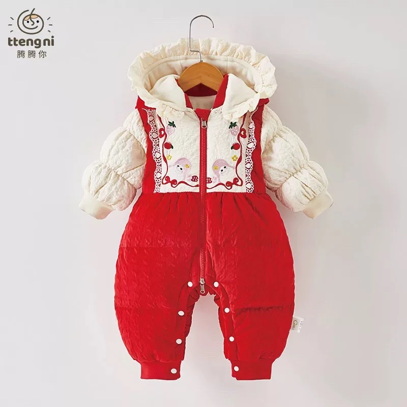 冬季婴儿宝宝连帽婴幼儿草莓女孩满月周岁百天白鸭绒羽绒服4003