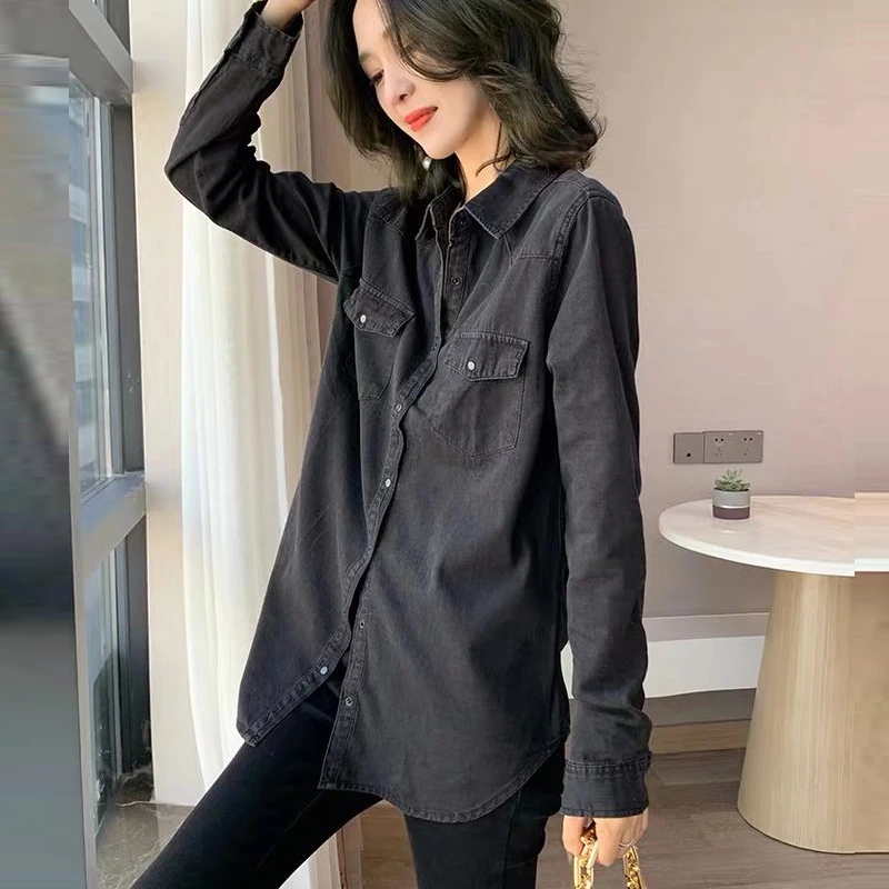 黑色牛仔衬衫女春秋季欧洲站2022新款欧货小衫女设计感叠穿衬衣女