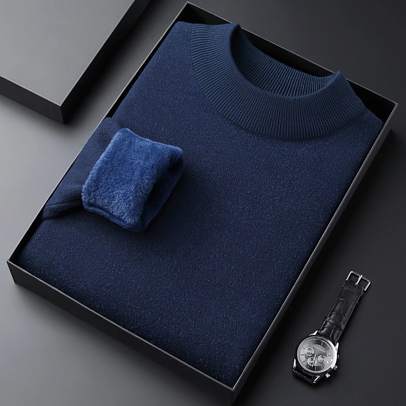 正品一体绒男式半高领纯色针织衫冬季时尚保暖加绒加厚毛衣打底衫