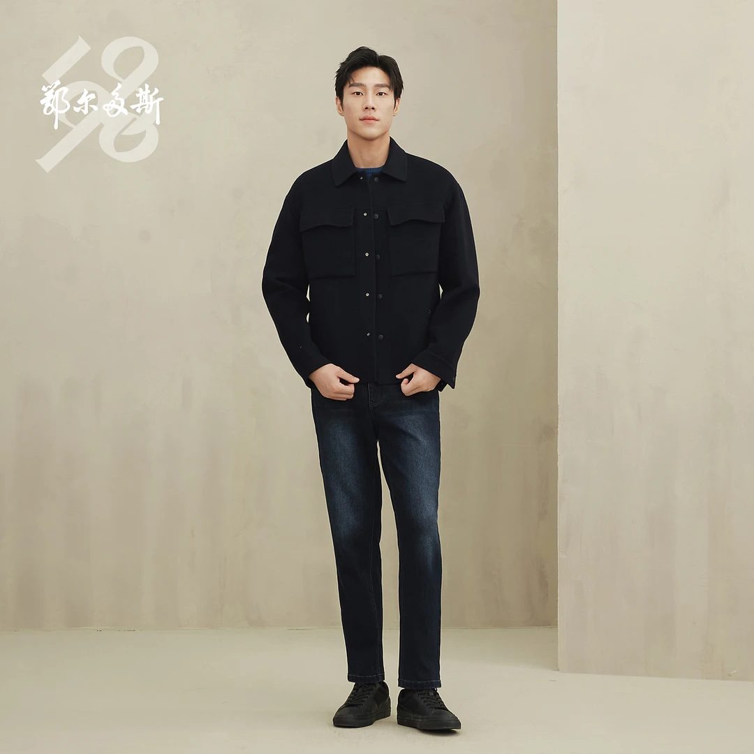 鄂尔多斯1980 纯羊绒衬衫领双面呢羊绒夹克男外套