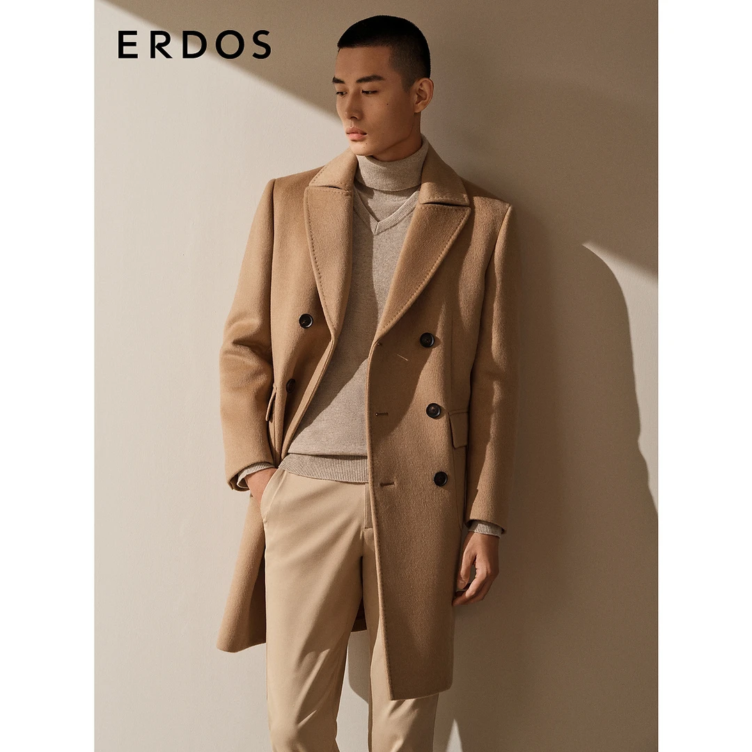 ERDOS 骆驼绒毛呢大衣双排扣中长款男士双面呢大衣冬季纯色毛呢A