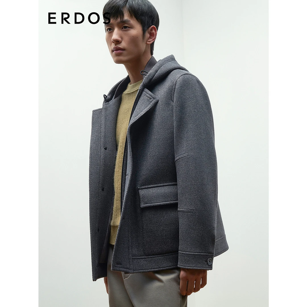 ERDOS 男装丝毛绒混纺夹克秋冬中长款加厚外套连帽格纹大衣