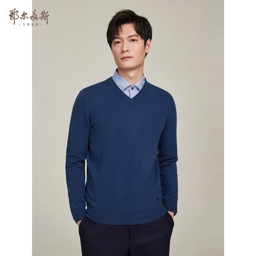 【可机洗】鄂尔多斯1980男装秋冬男士山羊绒全成型V领毛衣套衫