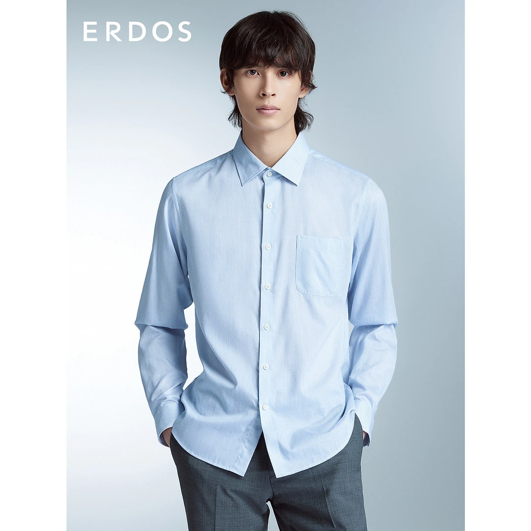 【自然加冕】ERDOS 翻领商务百搭薄款长袖衬衫男浅蓝色棉绒