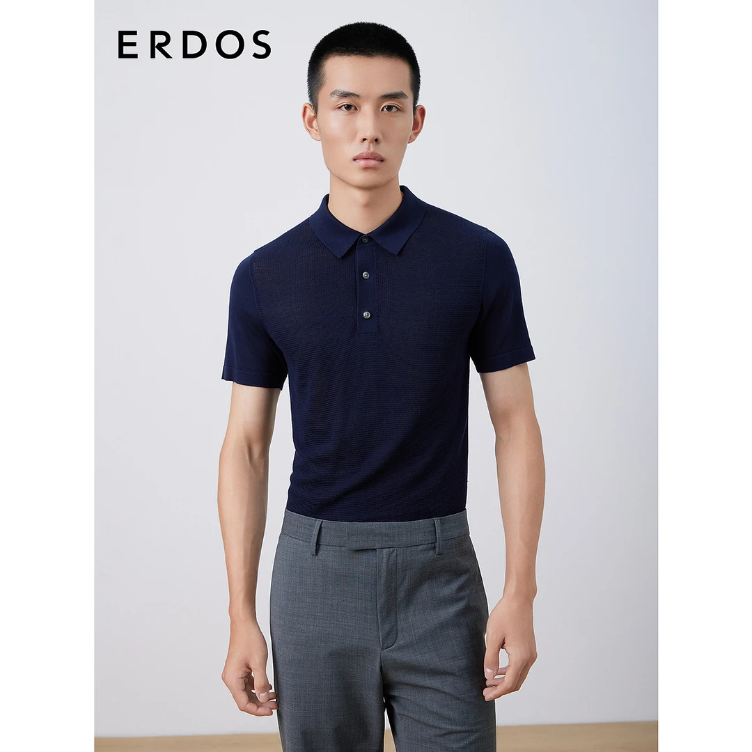 【真丝】ERDOS 夏季桑蚕丝衫男简约休闲小翻领翻花半袖