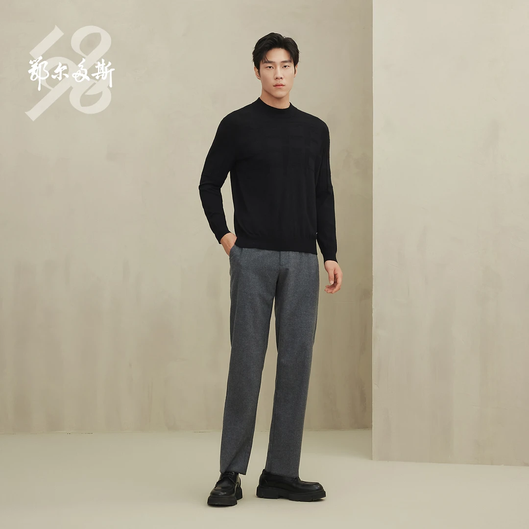 头道绒抗菌|鄂尔多斯1980 精纺半高领翻花男纯羊绒衫