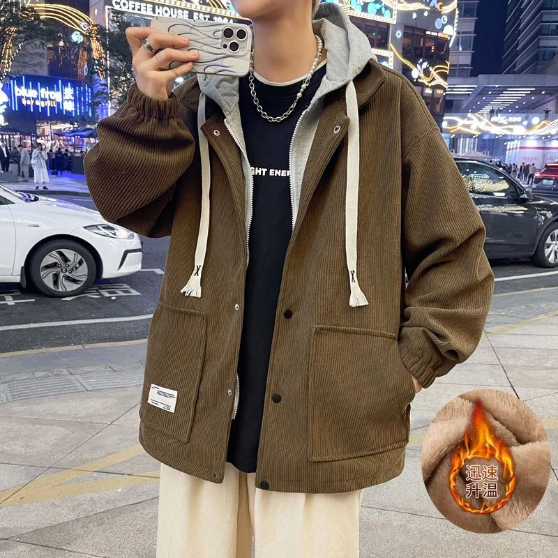 灯芯绒外套男秋冬款加棉加厚潮牌连帽假两件保暖冬装青少年夹克衫