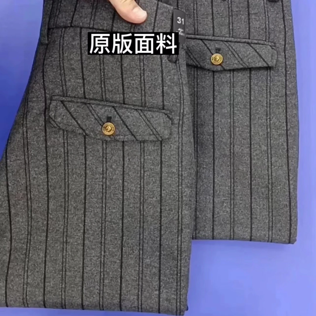9886132#男士新款秋冬季高端时尚毛呢条纹修身百搭休闲裤韩版