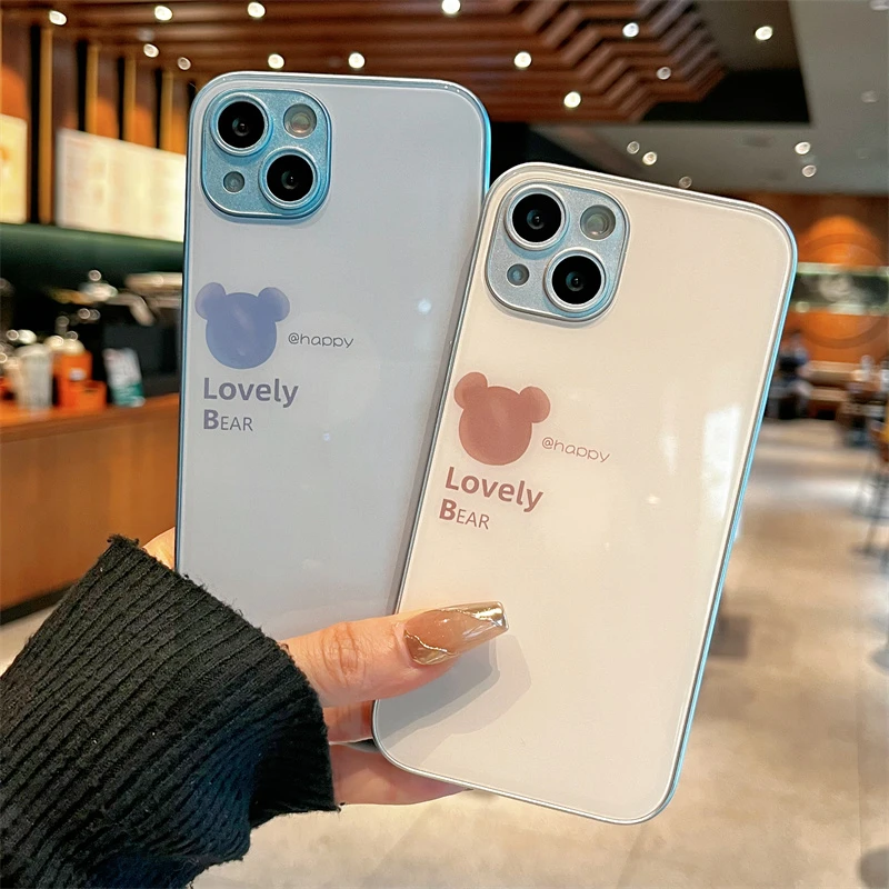 适用iPhone15promax苹果14高级手机壳保护套13爱你小熊12玻璃壳11
