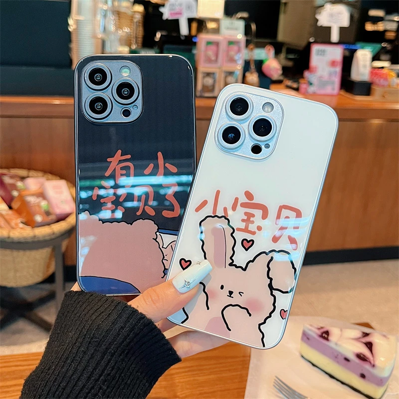 适用iPhone14promax苹果13高端手机壳保护套11兔子宝贝12玻璃壳xr