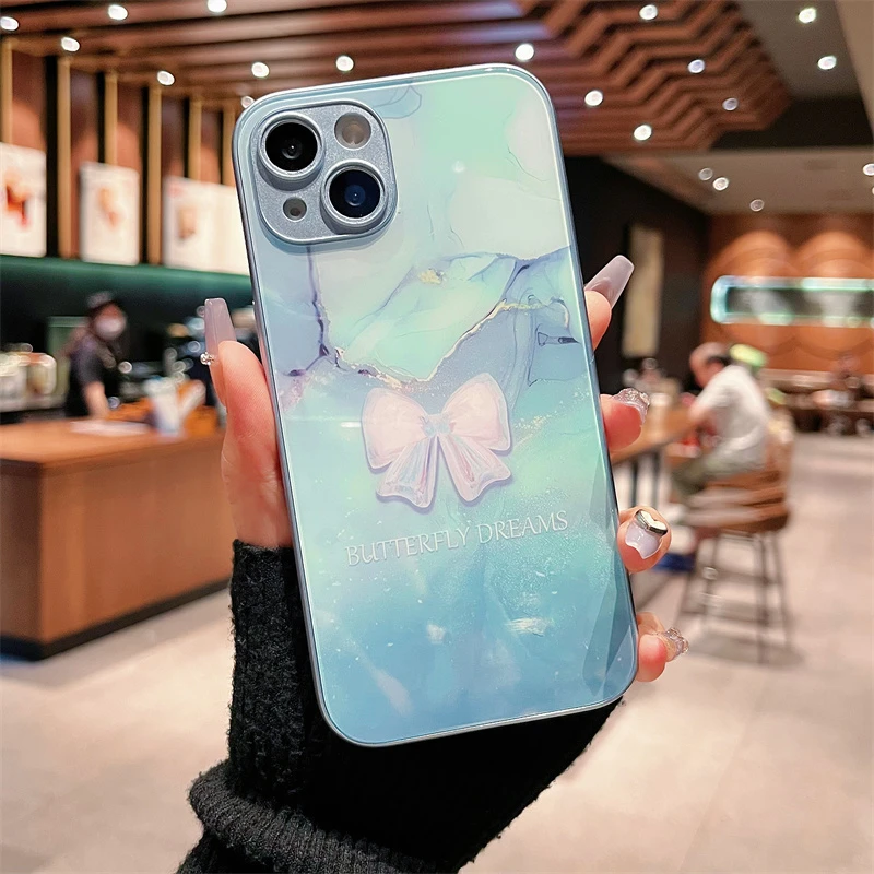 适用iPhone14promax苹果13高级手机壳保护套11蝴蝶结纹12玻璃壳xr