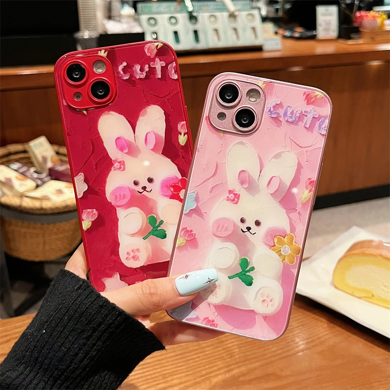 适用iPhone14promax苹果13高级手机壳保护套11油画兔子12玻璃壳xr