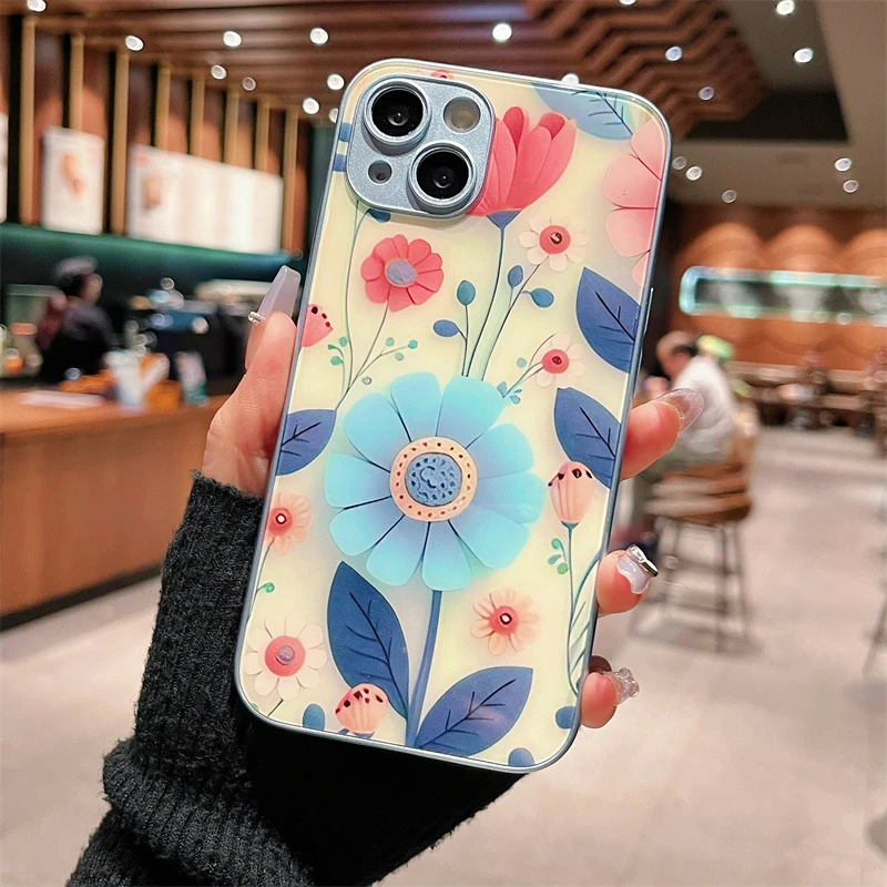 适用iPhone14promax苹果13高级手机壳保护套11蓝色花蕊12玻璃壳xr