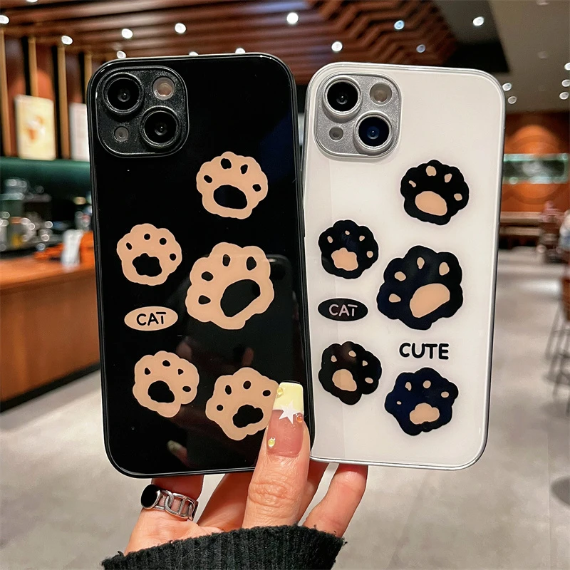 适用iPhone15promax苹果14高级手机壳保护套13猫咪脚印12玻璃壳11