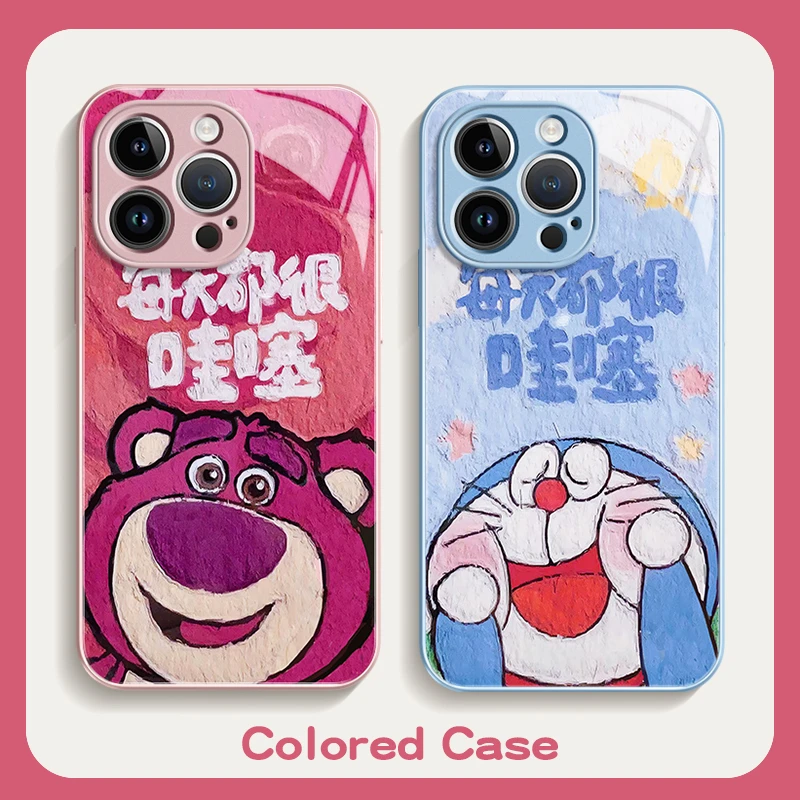 适用iPhone15promax苹果14高级手机壳保护套13草莓熊哆啦12玻璃壳