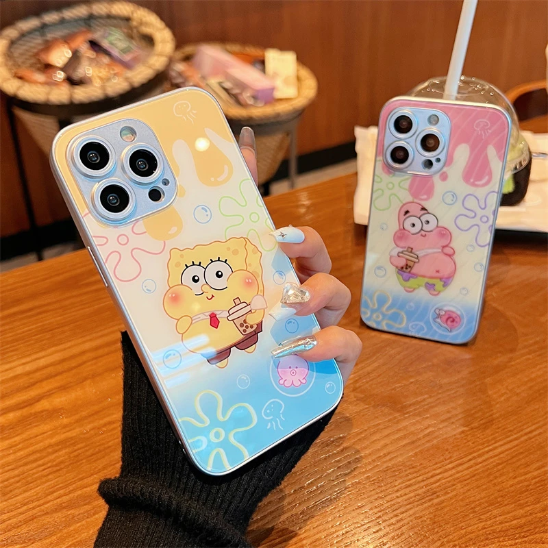 适用iPhone14promax苹果13桑稚手机壳保护套11海绵宝宝12玻璃壳xr