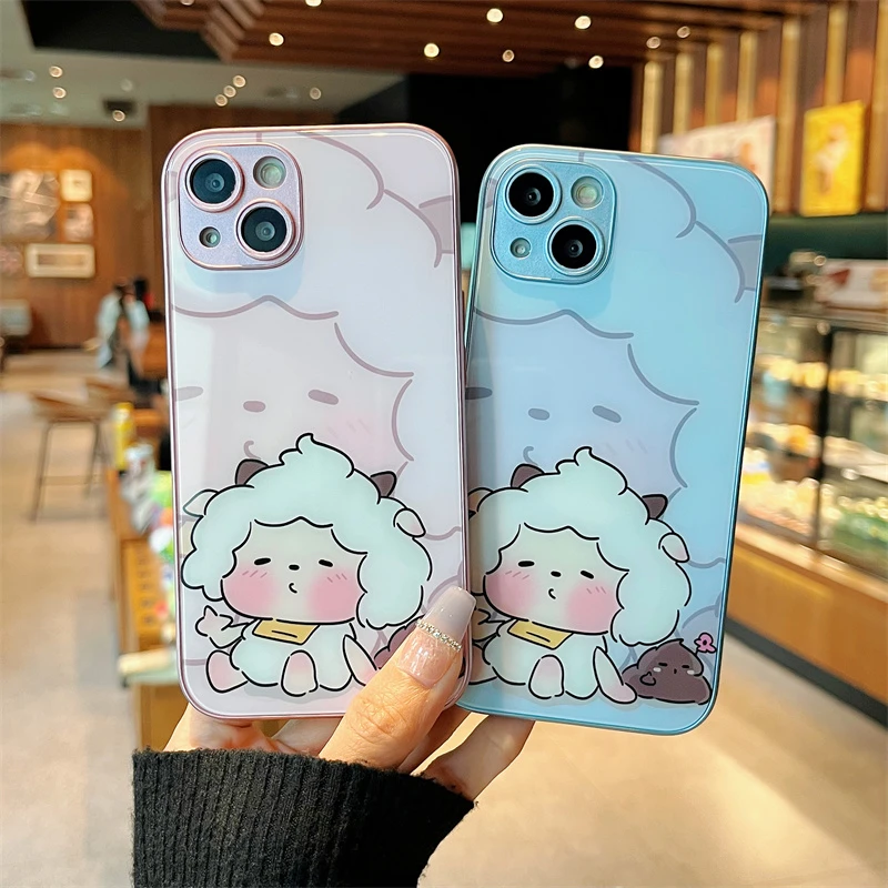 适用iPhone14promax苹果13高级手机壳保护套11可爱绵羊12玻璃壳xr