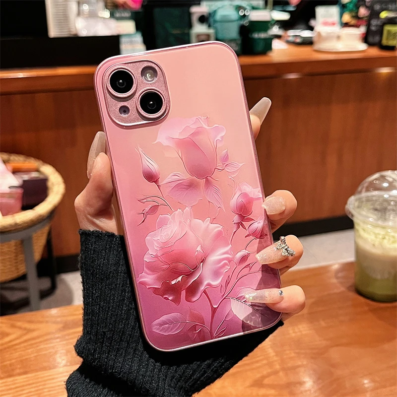 适用iPhone14promax苹果13高级手机壳保护套11玫瑰花束12玻璃壳xr