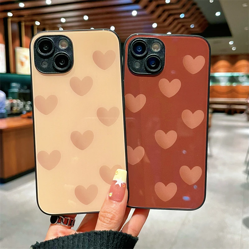 适用iPhone15promax苹果14高级手机壳保护套13美拉德爱心12玻璃壳
