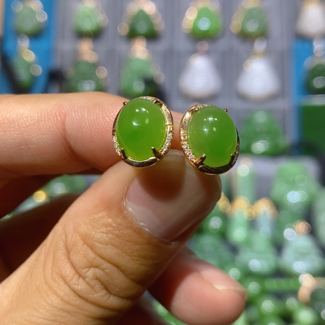 【闪购商品】和田玉吊坠(不含链)18K金镶嵌梓****装苹果绿蛋面耳钉