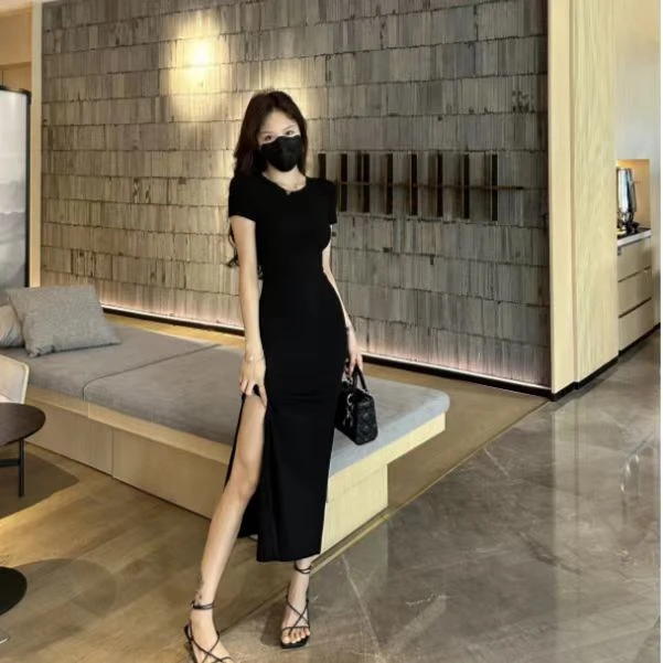 短袖长款高冷御姐裙子女夏季修身双开叉紧身纯欲网红洋气炸街女装